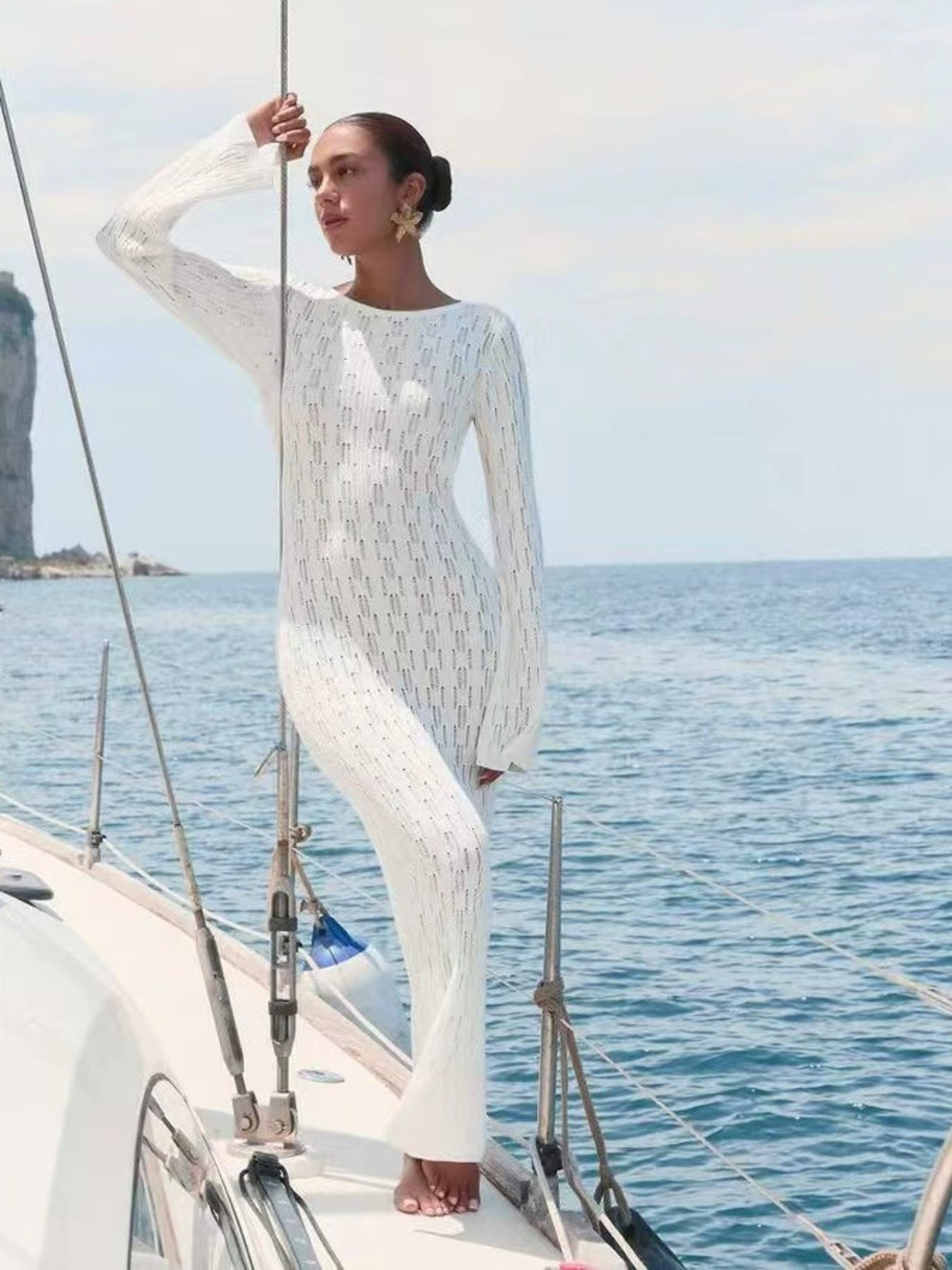 Zara White Beach Dress Slim Fit Round Neck Backless Long Sleeve